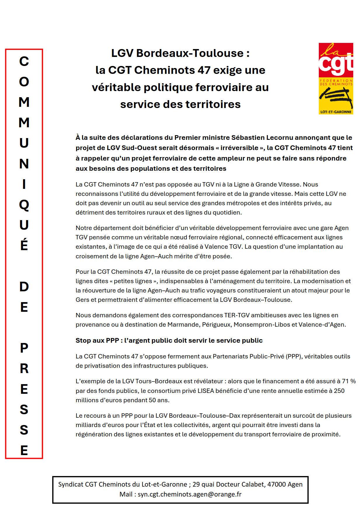 Communiqué de presse CGT cheminots 47