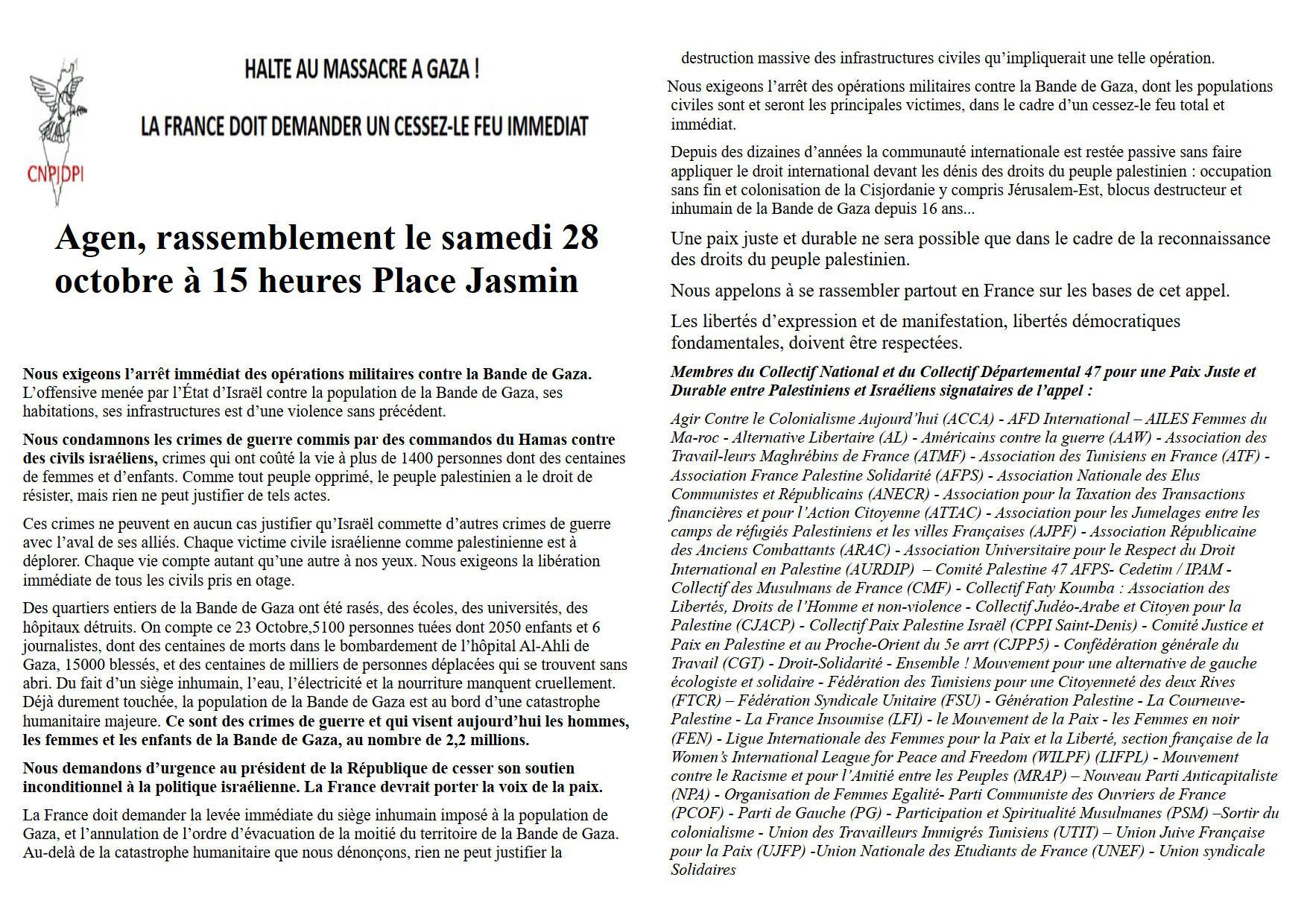 samedi 28.10 - 15h - place Jasmin à Agen : rassemblement pour une paix juste et durable  entre palestiniens et israéliens